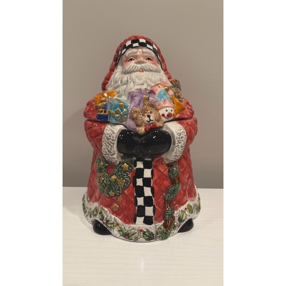 World Bazaar Inc Santa Cookie Jar Quilted Red Coat Gifts Checkered Ceramic